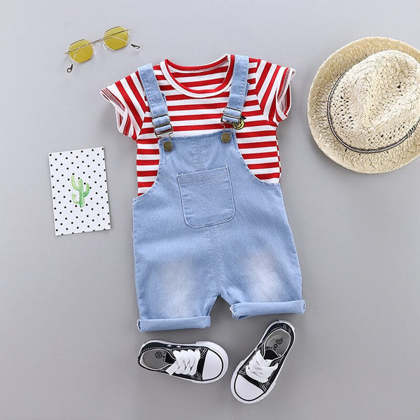 [variant_title] - Summer Children Baby Boy Girl Cotton Clothes Stripe T-Shirt Strap Shorts 2pcs/Sets Child Toddler Fashion Clothing Kid Tracksuits