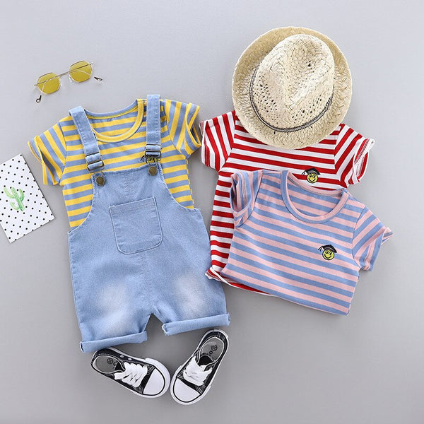 [variant_title] - Summer Children Baby Boy Girl Cotton Clothes Stripe T-Shirt Strap Shorts 2pcs/Sets Child Toddler Fashion Clothing Kid Tracksuits