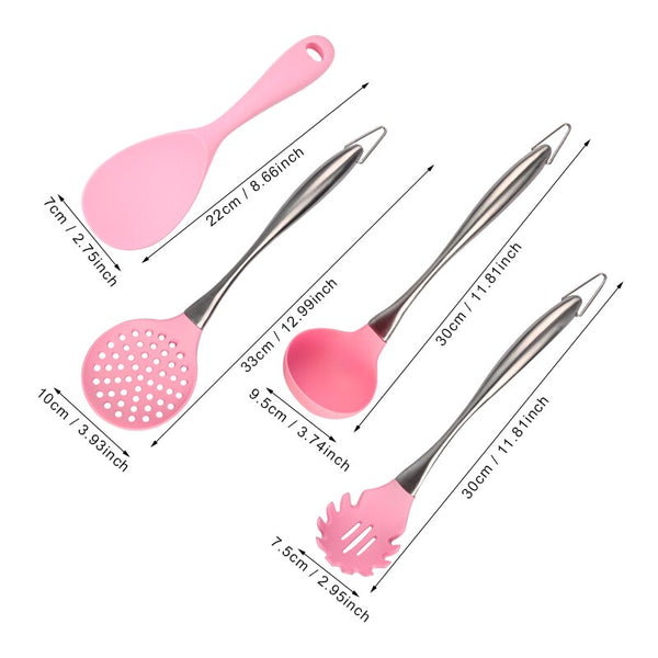 [variant_title] - Pink Silicone Cooking Tools Stainless Steel Handle Kitchenware Dinnerware Tableware Heat Resistant Kitchen Utensils Accessories