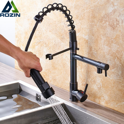 [variant_title] - Deck Mounted Pull Down Chrome Black Kitchen Faucet Water Tap Single Handle Swivel Dual Spout Kitchen Sink Mixer Tap