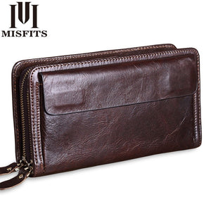 [variant_title] - MISFITS Cowhide Men Clutch Wallets Genuine Leather Long Purses Business Large Capacity Wallet Double Zipper Phone Bag For Male