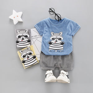 [variant_title] - Summer Children Baby Clothes Cartoon Raccoon T-Shirt Stripe Shorts 2pcs/Sets Cotton Kiddie Toddler Casual Clothing Tracksuits