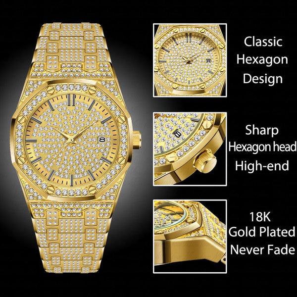 [variant_title] - 18K Gold Watch Men Luxury Brand Diamond Mens Watches Top Brand Luxury FF Iced Out Male Quartz Watch Calender Unique Gift For Men