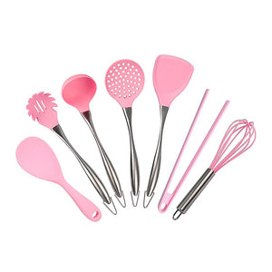 [variant_title] - Pink Silicone Cooking Tools Stainless Steel Handle Kitchenware Dinnerware Tableware Heat Resistant Kitchen Utensils Accessories