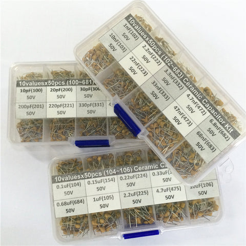 Default Title - 1500pcs 30Valuesx50 10pF~10uF (100~106) Multilayer/Monolithic Ceramic Capacitor Assorted kit with 3 storage box