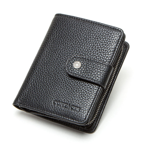 black - CONTACT'S genuine leather RFID vintage wallet men with coin pocket short wallets small zipper walet with card holders man purse
