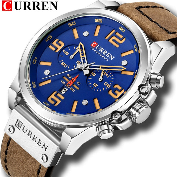 silver blue - CURREN Mens Watches Top Luxury Brand Waterproof Sport Wrist Watch Chronograph Quartz Military Genuine Leather Relogio Masculino