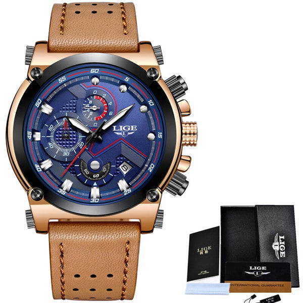Gold Blue - LIGE Fashion Mens Watches Top Brand Luxury Casual Sport Quartz Watch Men Leather Waterproof Military Wristwatch Relogio Masculio