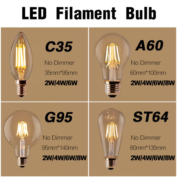 [variant_title] - LED Filament Bulb E27 Retro Edison Lamp 220V E14 Vintage C35 Candle Light Dimmable G95 Globe Ampoule Lighting COB Home Decor