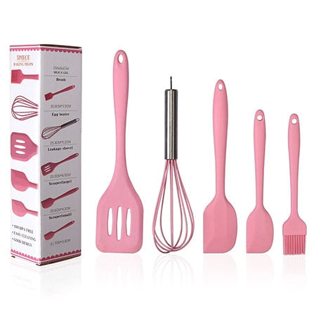 Pink - 5Pcs/Set Pink or Red Silicone Cooking Tool Sets Egg Beater Spoon Spatula Oil Brush Kitchenware Kitchen Utensils Sets with Box