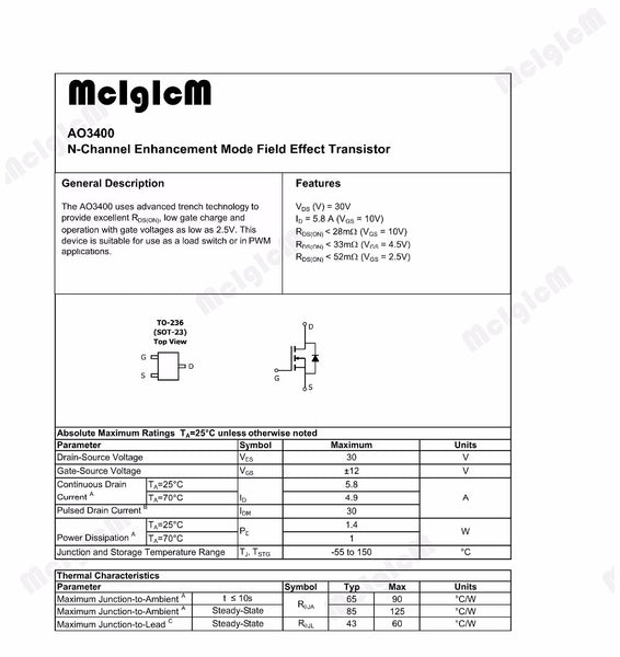 [variant_title] - MCIGICM AO3400A 100pcs N-Channel 30V 5.7A (Ta) 1.4W (Ta)  SMD mosfet transistor SOT-23 Surface Mount SOT-23-3L AO3400