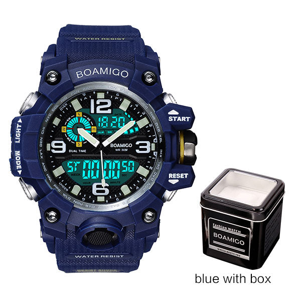blue with box - Men Sports Watches BOAMIGO Brand Digital LED Orange Shock Swim Quartz Rubber Wristwatches Waterproof Clock Relogio Masculino
