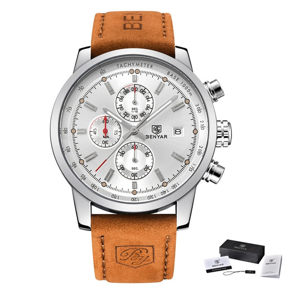 L Brown silver white - BENYAR Fashion Chronograph Sport Mens Watches Top Brand Luxury Quartz Watch Reloj Hombre saat Clock Male hour relogio Masculino