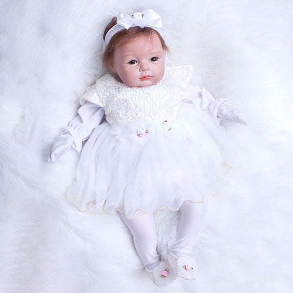 [variant_title] - 22 inch Newborn Dolls Lifelike Bebe 55cm Reborn Dolls White Dress Princess Silicone Baby Realistic Doll Kids Playmates (White)