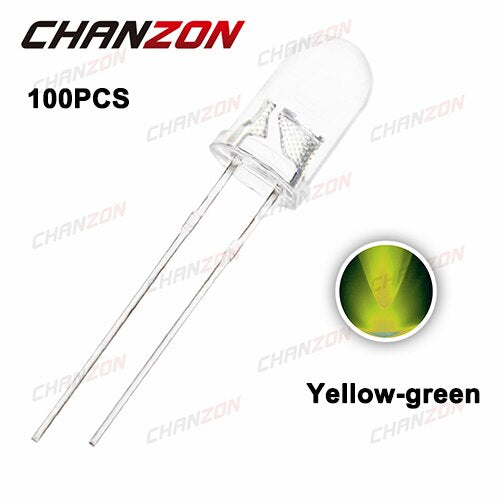 100pcs Yellow-green - 100pcs 5mm LED Diode 5 mm Assorted Kit Clear Warm White Green Red Blue UV Yellow Orange Pink DIY Light Emitting Diode Set 20mA