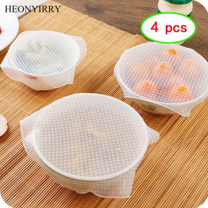 [variant_title] - 4pcs Food Fresh Keeping Saran Wrap Kitchen Tools Reusable High Stretch  Silicone Fruit Wraps Seal Vacuum Cover Stretch Lid