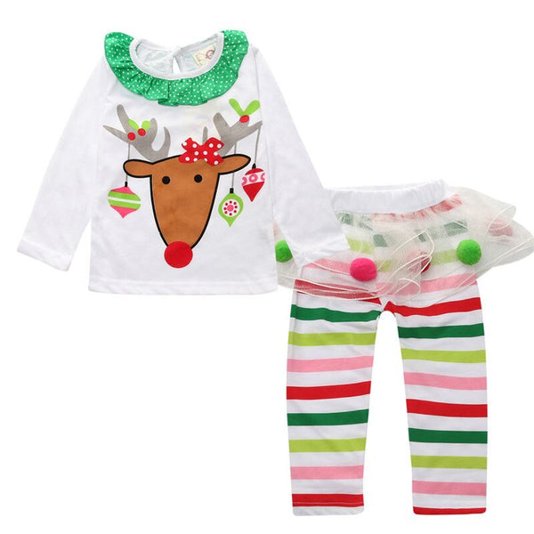 [variant_title] - Girls Deer Christmas clothing Set For Children Long Sleeve Autumn Dresses + Striped Legging Clothes Kids Character Party Dress