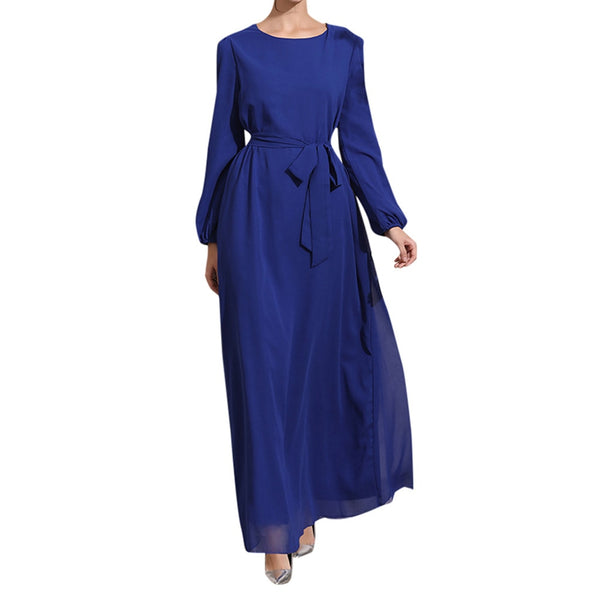 Blue / L - Women Islamic Muslim Abaya Maxi Dress Long Sleeve Muslim Maxi Dress Trumpet Sleeve Abaya Long Robe Gowns Tunic Belt  Z416