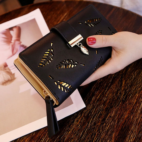 B Black - Mara's Dream 2019 Brand Leaves Hollow Women Wallet Soft PU Leather Women's Clutch Wallet Female Designer Wallets Coin Card Purse