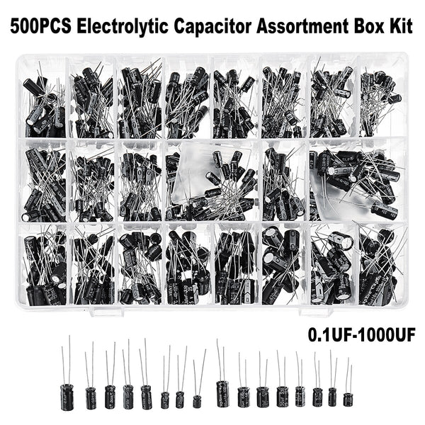 [variant_title] - NEW 500PCS Electrolytic Capacitors Kit with Assortment Box 0.1UF-1000UF 24 Values 16V-50V Aluminum Passive Components Supply