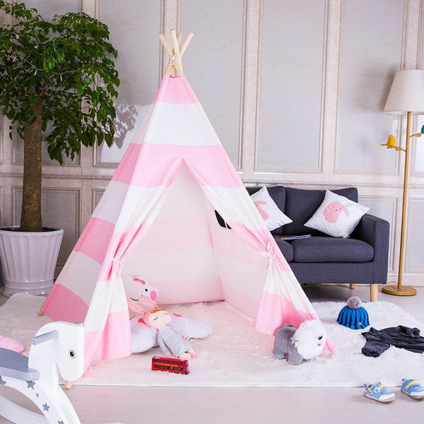 Pink Striped - Large Canvas Teepee Tent Kids Teepee Tipi with Grey Pom Poms Indian Play Tent House Children Tipi Tee Pee Tent NO MAT