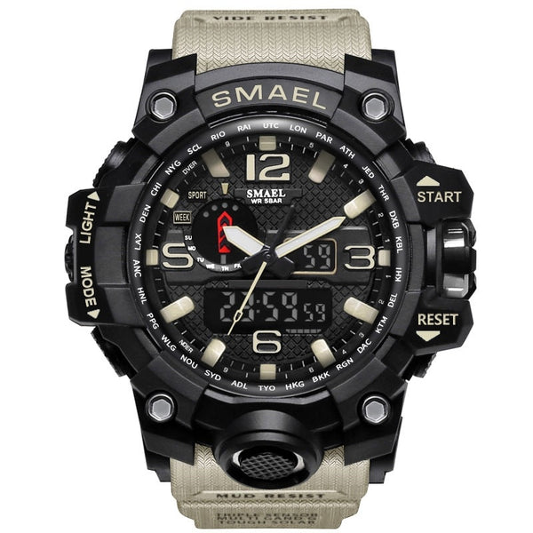 1545 Khaki - SMAEL Brand Men Sports Watches Dual Display Analog Digital LED Electronic Quartz Wristwatches Waterproof Swimming Military Watch