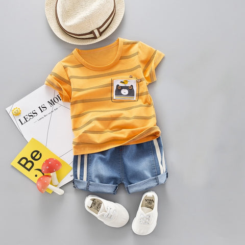 [variant_title] - Baby Boy Suit Set Kids Summer Outfit Toddler Baby Stripe Cotton Clothing Set Cute Cartoon Children Boys Clothing T-Shirt+Shorts