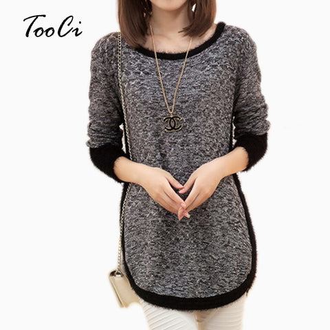 New Fashion Autumn  Brand Female Mohair Pullover Loose Sweater Knitted Long Sleeve O-neck Gray Pullovers Hot Sale Sweater