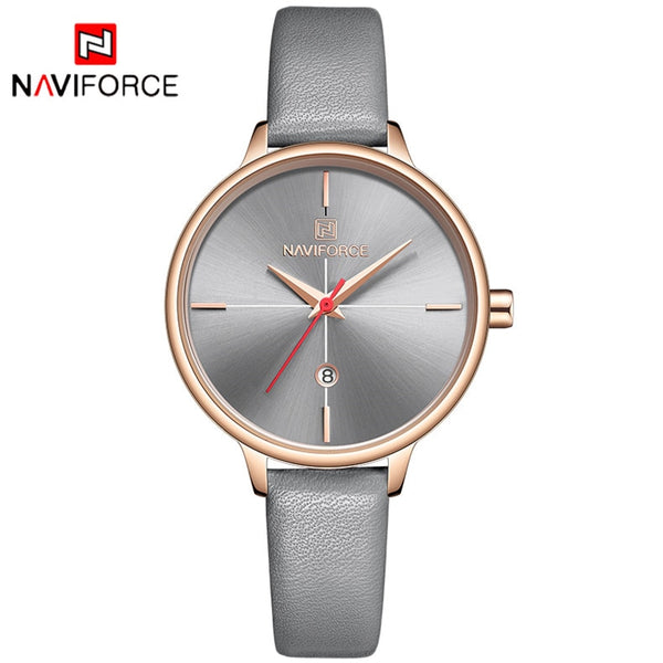 Grey - NAVIFORCE Women Watches Luxury Brand Lady Quartz Watch Women Fashion Casual Leather Strap Auto Date Dress Wristwatch reloj mujer
