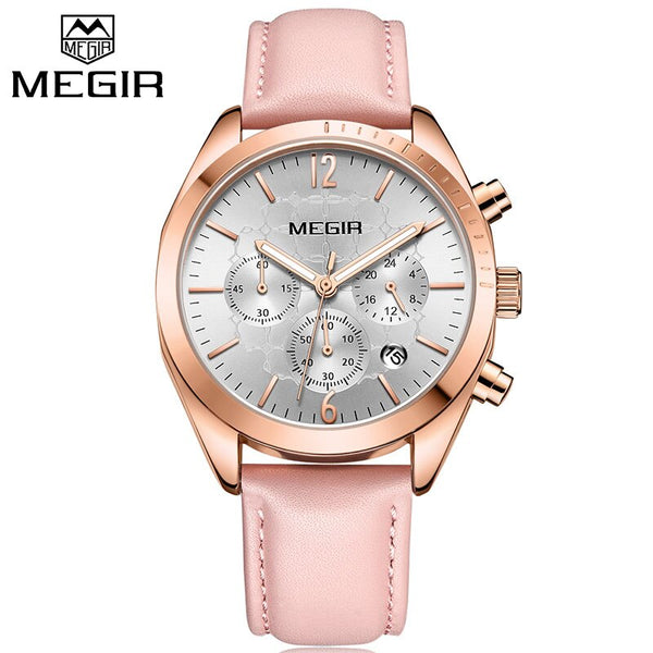 [variant_title] - MEGIR Women Watches Fashion Pink Leather Ladies Quartz Watch Women Chronograph Clock Lovers Hour Relogio Feminino With Bracelet