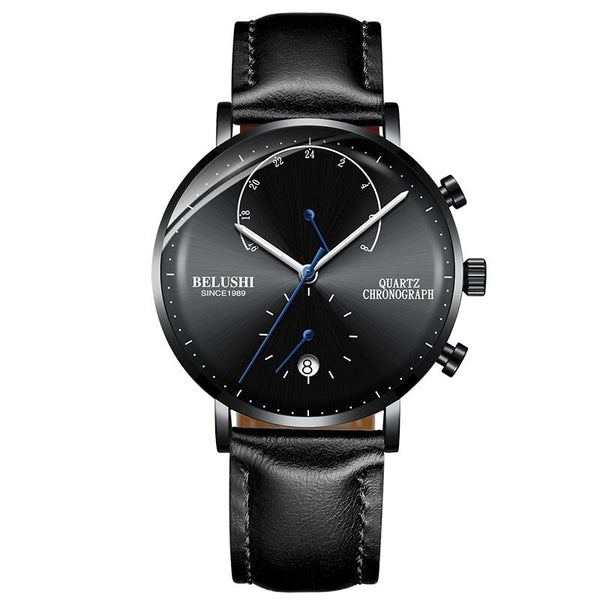leatherblackblack - BELUSHI Fashion Quartz Watches Men Top Brand Ultra-thin Leather Men Watch Waterproof Male Auto Date Clock Relogio Masculino