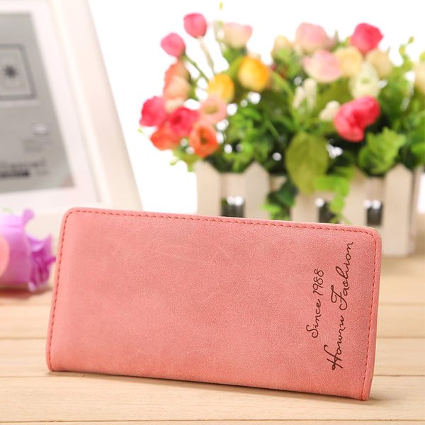 Pink - Minimalist Designer Slim Long Bifold Women Wallet Female Clutch Leather Brand Coin Purse Ladies Card Holder Money Dollar Cuzdan