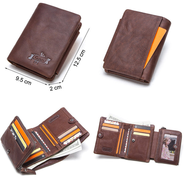 [variant_title] - CONTACT'S Genuine Crazy Horse Leather Men Wallets Vintage Trifold Wallet Zip Coin Pocket Purse Cowhide Leather Wallet For Mens