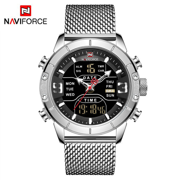 Silver Black - NAVIFORCE Top Brand Luxury Watch Men Fashion Sports Quartz Watch Men Full Steel Waterproof LED Digital Watches Relogio Masculino