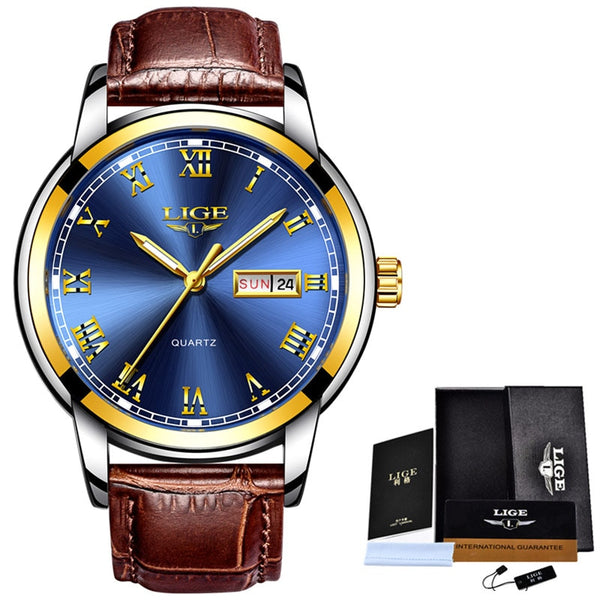 gold blue leather-10 - LIGE Watches Men Sports Waterproof Date Analogue Quartz Men's Watches Chronograph Business Watches For Men Relogio Masculino+Box