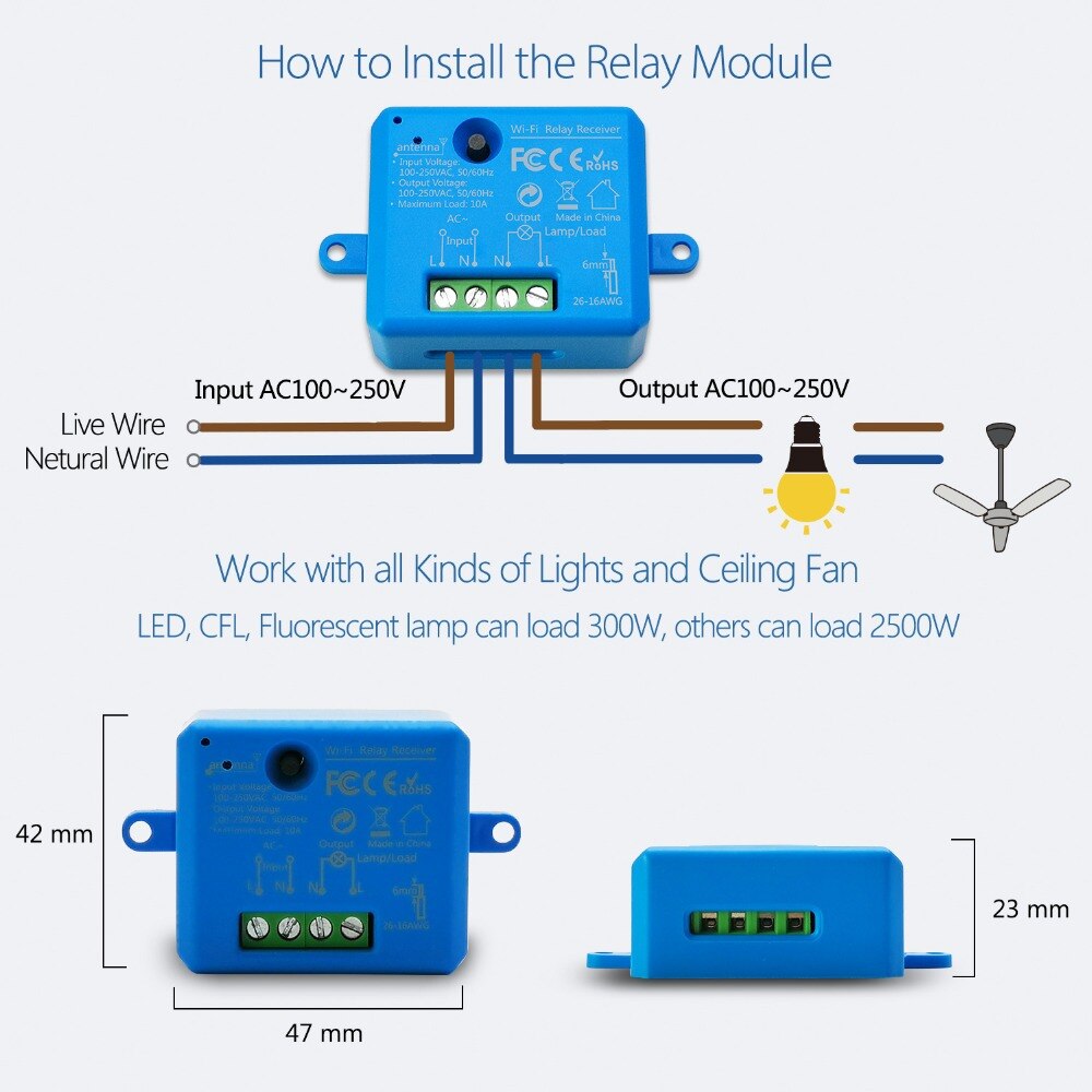 Remote Control Wireless Light Switch With Tiny Relay Module 2500w