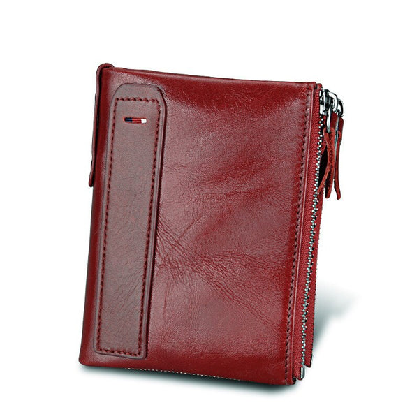 Red - 100% Genuine Leather Men Wallet Small Zipper Pocket Men Wallets Portomonee Male Short Coin Purse Brand Perse Carteira For Rfid