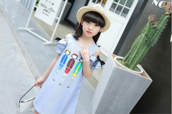 [variant_title] - Girls Blue Striped Dress Children Summer Off the Shoulder Cartoon Characters Printed A-Line Party Dress Kids Casual Dress