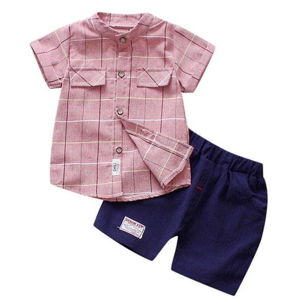 [variant_title] - Kids Clothes Set Baby Boy Casual Outfits Plaid Print Short Sleeves Open Stitch Top Pants Set Formal Party Gentleman Boy Clothes