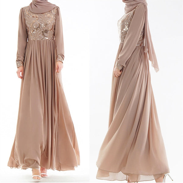 Champagne / L - Islamic Women's Embroidered Chiffon Abayas Muslim Long Sleeve Fashion Dress Arabic Dubai Turkish Women Clothing