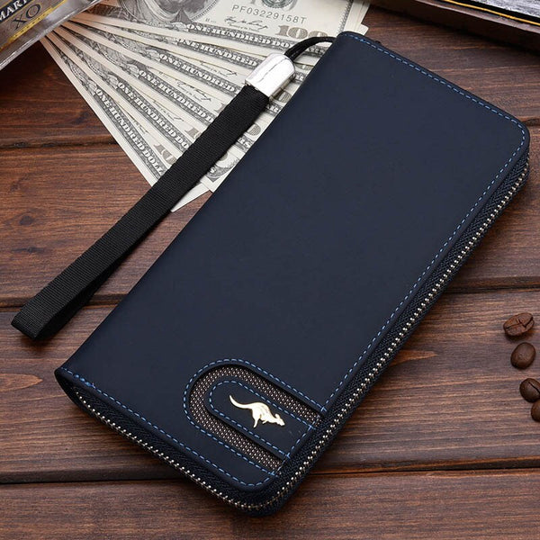 Blue A - New Men Leather Wallet High Quality Zipper Wallets Men Long Purse Male Clutch Phone Bag Wristlet Coin Purse Card Holder MWS184