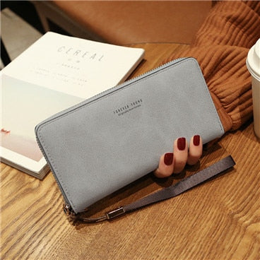 Gray - Female Wallet PU Leather Long Purse Black/pink/blue/green/gray Famous Brand Designer Wallet Women 2019 Quality Female Purse