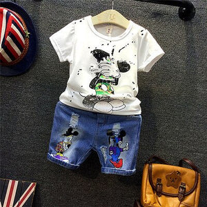 2pcs set / 2T - Children's Wear 2018 spring Summer Baby kids Boys Sports casual Suit Cartoon boy T-shirt +Hole jeans 2pcs Set Children's Clothes