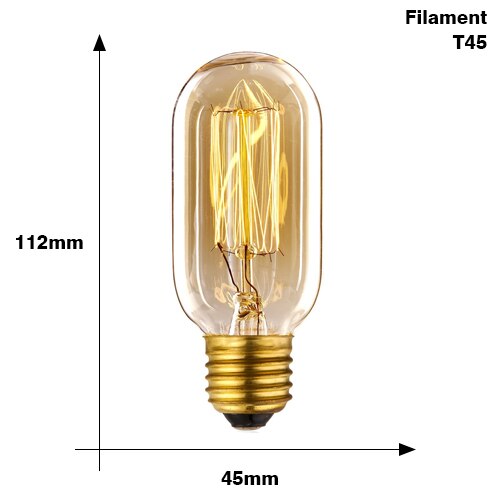 T45 Filament / E27 220V - Retro Edison Light Bulb E27 220V 40W ST64 G80 G95 T10 T45 T185 A19 A60 Filament Incandescent Ampoule Bulbs Vintage Edison Lamp