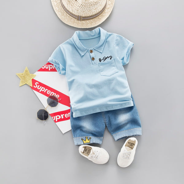 White / 12M - baby boys summer clothes newborn children clothing sets for boy short sleeve shirts + jeans cool denim shorts suit