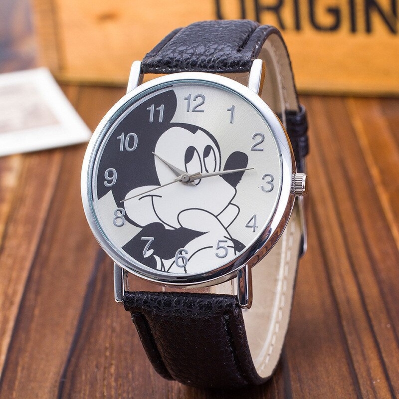 black - New Women Watch Mickey Mouse Pattern Fashion Quartz Watches Casual Cartoon Leather Clock Girls Kids Wristwatch Relogio Feminino