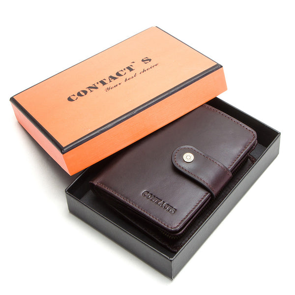 coffee A box - CONTACT'S genuine leather RFID men's wallet short coin purse small hasp walet partmon male short wallets men high quality cuzdan