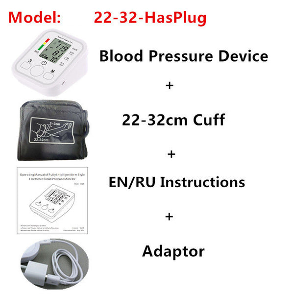 B02-22-32-HasPlug - Automatic Digital Arm Blood Pressure Monitor BP Sphygmomanometer Pressure Gauge Meter Tonometer for Measuring Arterial Pressure