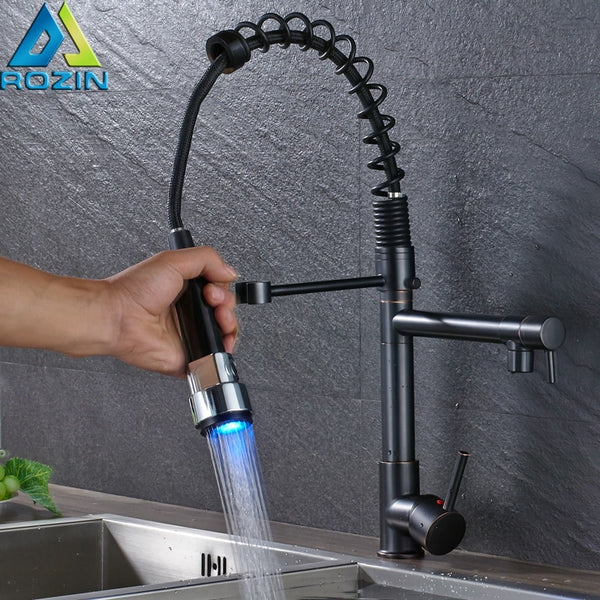 [variant_title] - LED Light Deck Mounted Hot and Cold Water Kitchen Faucet Black Bronze Spring Pull Down Dual Spray Spout Kitchen Mixer Tap