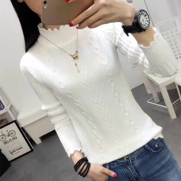 Korean winter sweater female half turtleneck sleeve head bottoming Shirt Short slim slim knit thickened solid twist